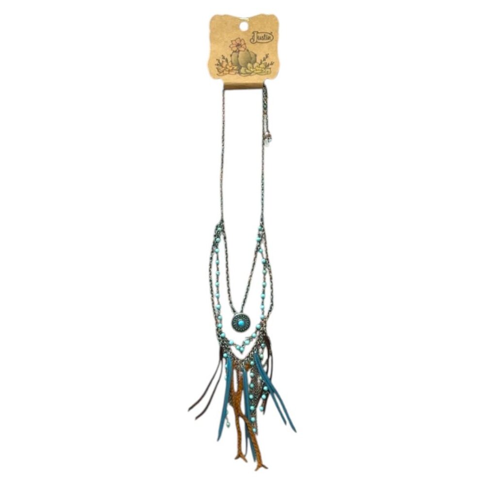 New Justin 3 Layer Turquoise Pendent & Leather Fringe Western Necklace